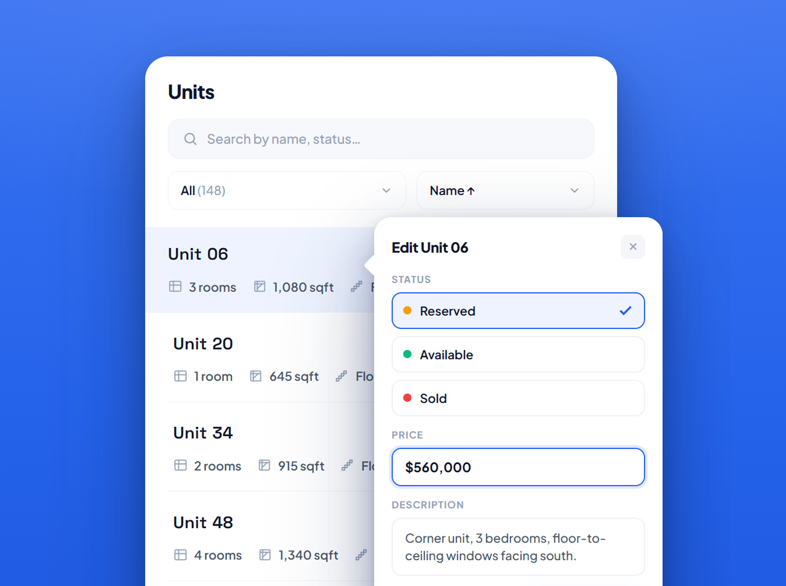 Units dashboard